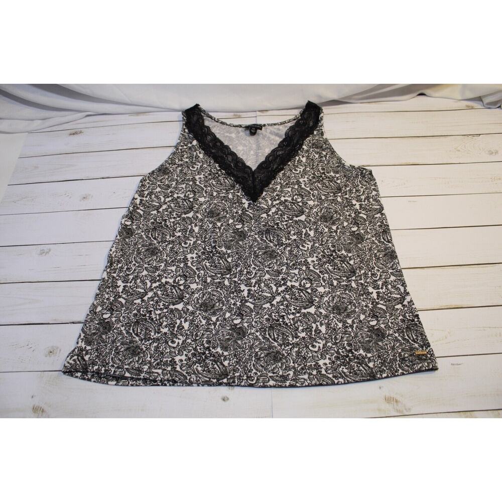 Tahari Women's L Black White Floral Tank Top V-neck Lace Trim Stretch Casual